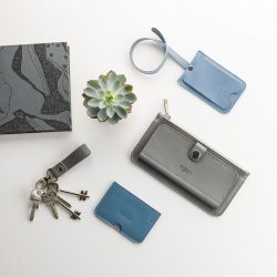 szürke női pénztárca szürke kulcstartóval kék kártyatartóval és kék bérlettartóval