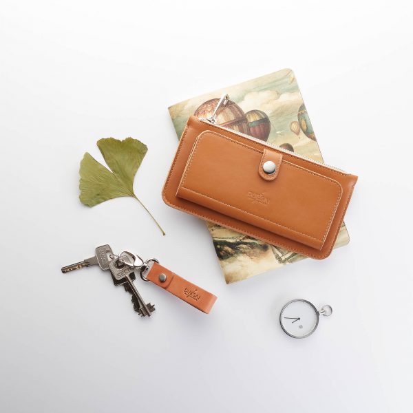 fahéj színű bőr pénztárca hozzá passzoló kulcstartóval